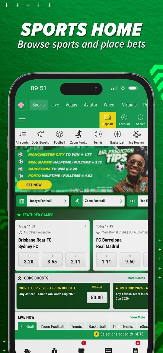 PremierBet+ home screen with football matches and odds