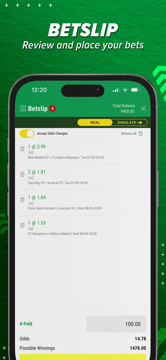 Bet slip with four football selections and the total odds