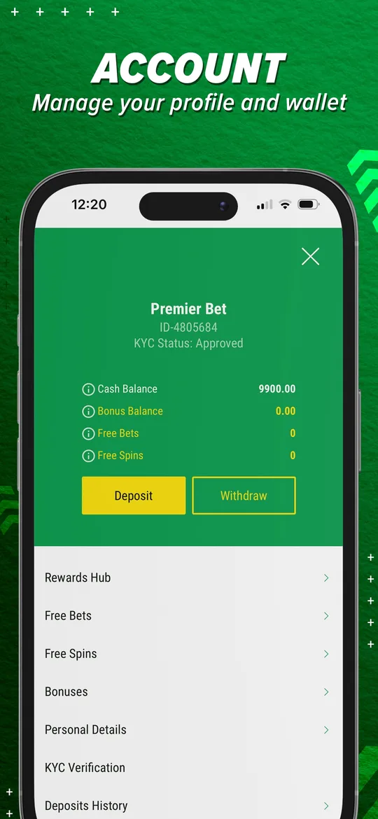 Account screen with cash balance, bonus balance and KYC status